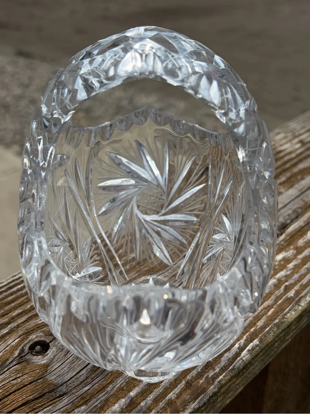 Vintage Cut Crystal Basket Bowl | Deeply Cut Starburst & Diamond Pattern
